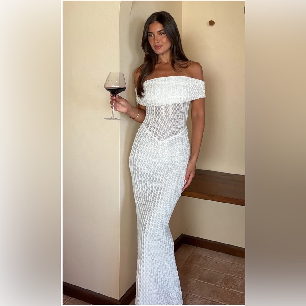 White Fox Boutique Off-shoulder off white textured maxi dress